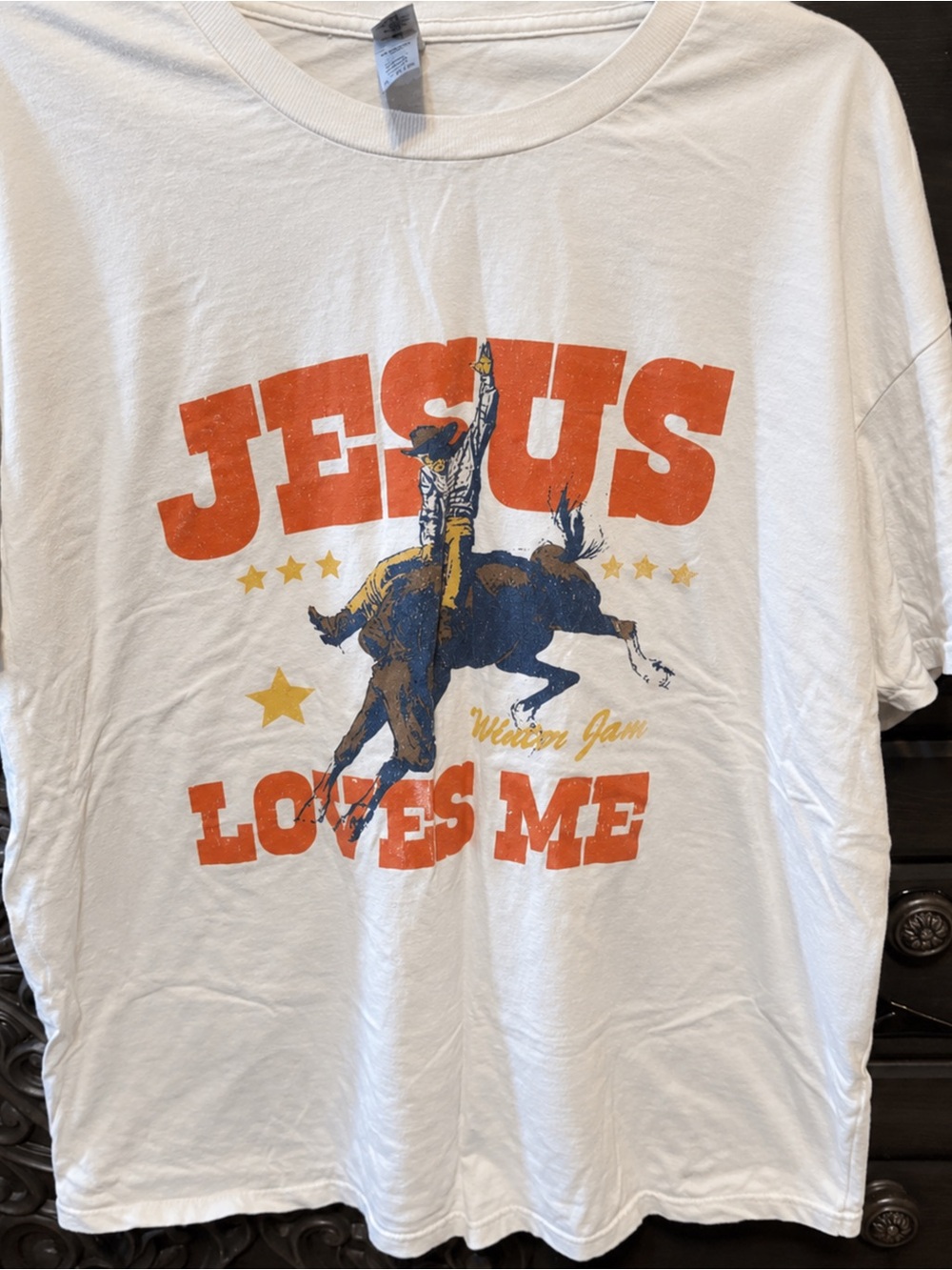 Gildan White Tee with Orange Rodeo Graphic and Yellow Stars
